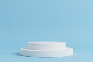 a two-tiered white podium against a solid blue background. The podium is a simple, minimalist design with clean lines and no decorations photo