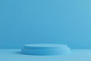 a two-tiered blue podium against a solid blue background. The podium is a simple, minimalist design with clean lines and no decorations photo