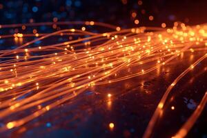 A vibrant abstract representation of a Bright, glowing strands of fiber optic cables in shades of Copper, with small light particles scattered in the background, creating a dynamic and vibrant effect photo