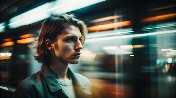 a man with long, light-colored hair wearing a dark coat over a light shirt, standing in front of a blurred, illuminated background that suggests motion, possibly in a subway or train station photo