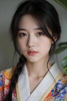 Japanese girl, approximately 18 years old, with fair skin and long black hair, wearing a colorful kimono. The background is softly blurred, focusing on her expressive eyes and subtle makeup photo