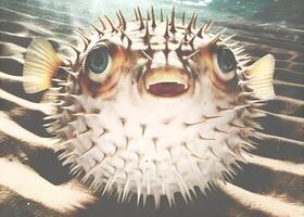 A pufferfish mid-inflation, displaying its round, spiked body and large, expressive eyes against a sandy ocean floor photo