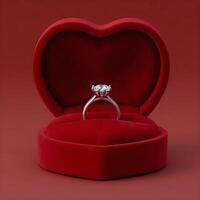 3D rendering of a sparkling diamond ring resting inside a plush red velvet heart-shaped box, elegant and sophisticated photo