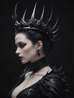 Profile shot of A young woman with pale skin and dark hair styled in an elegant updo, wearing a dramatic black crown with sharp spikes photo