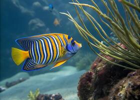 A regal angelfish with blue and yellow striped patterns hovering near a rocky reef, framed by swaying kelp photo