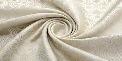 A close-up view of a swirling, cream-colored fabric with a subtle, intricate pattern featuring circular designs photo