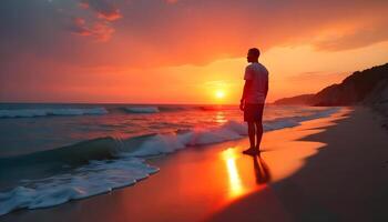 A beach sunset with vibrant orange and pink hues reflected on a calm ocean, gentle waves lapping at the shore, a silhouette of a Black male standing on the beach, gazing at the horizon photo
