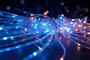 A vibrant abstract representation of a Bright, glowing strands of fiber optic cables in shades of Silver, with small light particles scattered in the background, creating a dynamic and vibrant effect photo