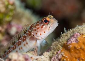 A small, curious blenny with spotted patterns perched on a coral outcrop, its big eyes focused on the viewer photo