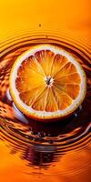 a slice of lemon with vibrant orange and yellow hues, floating on a dark liquid surface photo