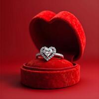 Close-up of A highly detailed 3D rendering of a sparkling diamond ring resting inside a plush red velvet heart-shaped box, elegant and sophisticated photo