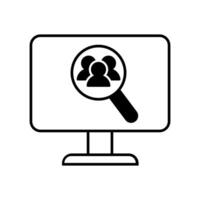 Computer with magnifying glass icon over white background, line style, illustration. vector