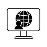 Computer screen with global sphere icon over white background, line style, illustration vector