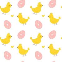 Cute Easter seamless pattern with adorable cartoon chicks and eggs. Childish seamless pattern perfect for kids textile, fabric, wrapping paper, wallpaper, background and so on vector
