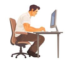 Businessman sitting at desktop working on computer. Financial analytics or office work. Side view illustration vector
