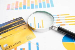 Magnifying glass on charts graphs paper. Financial development, Banking Account, Statistics, Investment Analytic research data photo