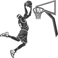 Basketball Player Silhouette in Mid-Air Slam Dunk with Dynamic Action vector