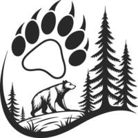 Black and White Bear Silhouette with Pine Trees and Paw Print in Circular Design vector