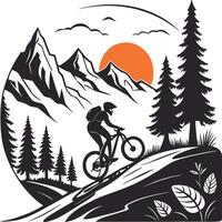 Mountain Cyclist Silhouette with Sunset and Pine Trees in Circular Adventure Scene vector