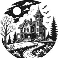 Victorian Haunted Mansion with Gothic Architecture and Full Moon in Black and White vector