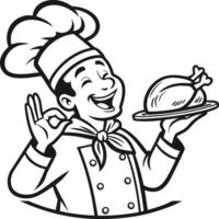 Cheerful Cartoon Chef Holding Platter with Roast Chicken in Retro Style vector