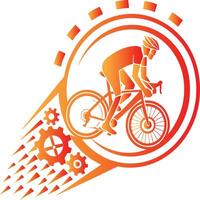 Stylized Cyclist Logo with Dynamic Motion Lines and Gear Motif in Red and Orange Gradient vector