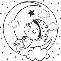 Cute Sleeping Baby on Crescent Moon with Starry Sky and Fluffy Clouds vector
