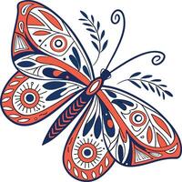 Stylized Butterfly Illustration with Folk Art Design and Red Blue Color Scheme vector