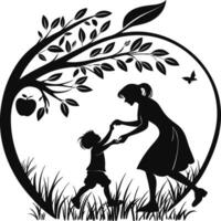 Mother and Child in Nature Silhouette with Tree and Butterfly Illustration vector