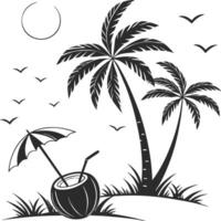 Black and White Tropical Beach Scene with Palm Trees and Coconut Drink vector