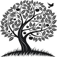 Stylized Black and White Apple Tree with Symbolic Bird and Intricate Leaves vector