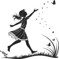 Joyful Girl Dancing in a Field with Butterflies Whimsical Black and White Silhouette Art vector