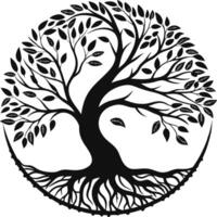 Silhouette Tree of Life with Intricate Roots and Leaves in Circular Design vector