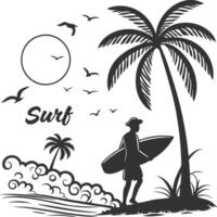 Surfer Silhouette with Surfboard and Full Moon in Tropical Beach Scene vector
