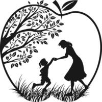 Mother and Child Playing in Apple-Shaped Frame with Tree and Nature Elements vector