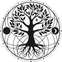 Black and White Tree of Life with Moon Phases and Sacred Geometry vector
