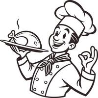 Cheerful Cartoon Chef Holding Platter with Dome in Retro Style vector