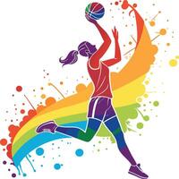 Dynamic Basketball Player Silhouette with Rainbow Trail and Ink Splash Background vector