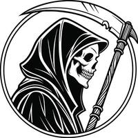 Grim Reaper Icon with Hooded Skeleton and Scythe in Gothic Black and White Circular Design vector