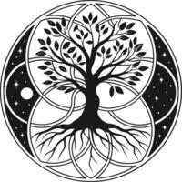 Tree of Life in Circular Design with Sacred Geometry and Cosmic Elements vector