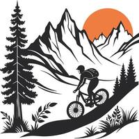 Mountain Biking Silhouette on Rugged Terrain with Sunset and Pine Trees vector