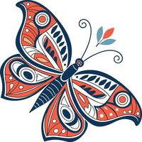 Stylized Butterfly Illustration with Tribal Patterns and Red Blue Color Scheme vector
