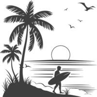 Tropical Beach Silhouette with Surfer, Palm Trees and Sunset Over Ocean vector