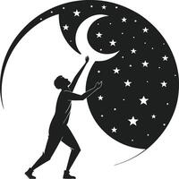 Silhouette Figure Reaching for the Moon with Starry Night Sky in Circular Design vector