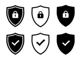 Security shield sign icons set. Lock security icons collection. Symbols with check mark and padlock. Safety and protection signs vector