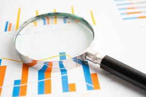 Magnifying glass on charts graphs paper. Financial development, Banking Account, Statistics, Investment Analytic research photo