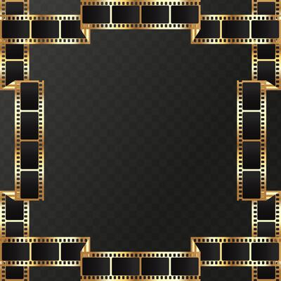 Folded golden movie filmstrip square frame on dark background. Film tape ribbon frame