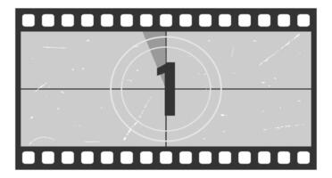 Vintage movie countdown filmstrip frame with number 1. Old movie timer counter in filmstrip. Retro cinema number count background with grunge texture vector