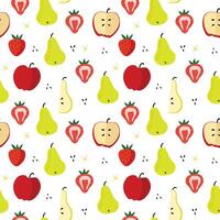 Seamless pattern of fruits including pears, apples, strawberries with seeds and flowers. vector