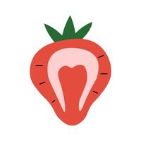 Minimalistic illustration of a halved strawberry with green leaves, pink core, and lines vector